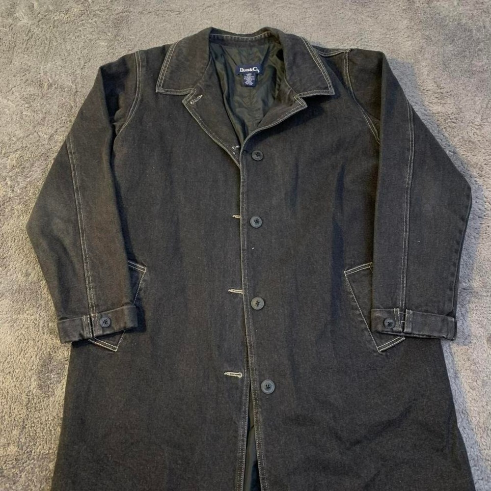 Black Grunge Classy Denim Trench Over Coat with white stitching